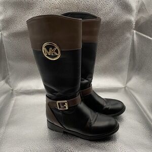 Michael Kors Emma Blaire Knee High Riding Boot Black Brown Logo Buckle Zip Women